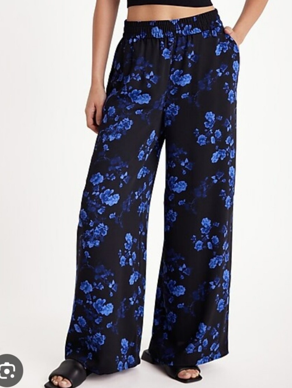 Express Wide Leg Floral Print Pants in Black and Blue